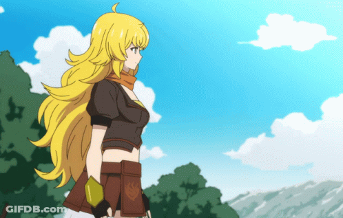 A Girl With Long Yellow Hair Is Standing In Front Of A Blue Sky GIF