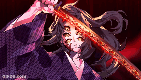 A Girl With Many Eyes Is Holding A Sword With A Red Blade GIF