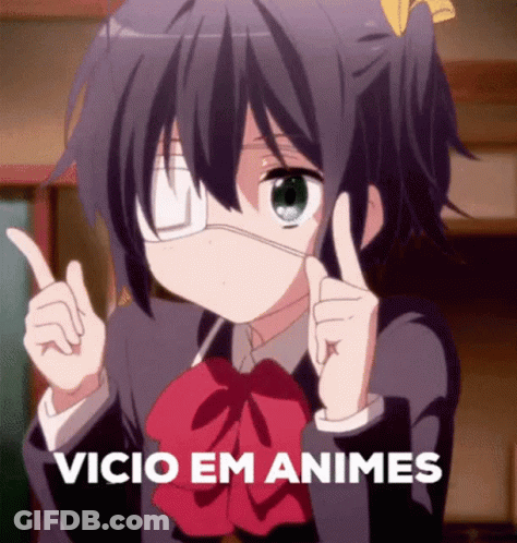 A Girl With One Eye Pointing Up With The Words Vicio Em Animes Written Below Her GIF