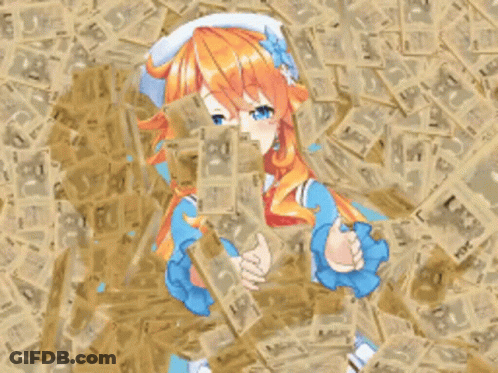 A Girl With Orange Hair And Blue Gloves Is Surrounded By A Pile Of Money That Says 2334 GIF