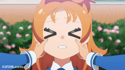 A Girl With Orange Hair Has Her Eyes Closed And Her Hands On Her Face GIF