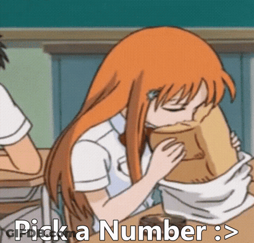 A Girl With Orange Hair Is Hugging A Brown Bag With The Words Pick A Number > GIF