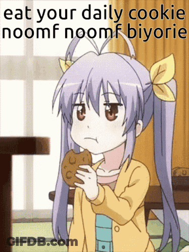 A Girl With Pigtails Is Eating A Cookie With The Words Eat Your Daily Cookie Noomf Noomf Biyorio GIF
