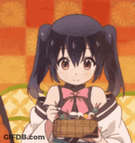 A Girl With Pigtails Is Holding A Basket Of Candy In Her Hand . GIF