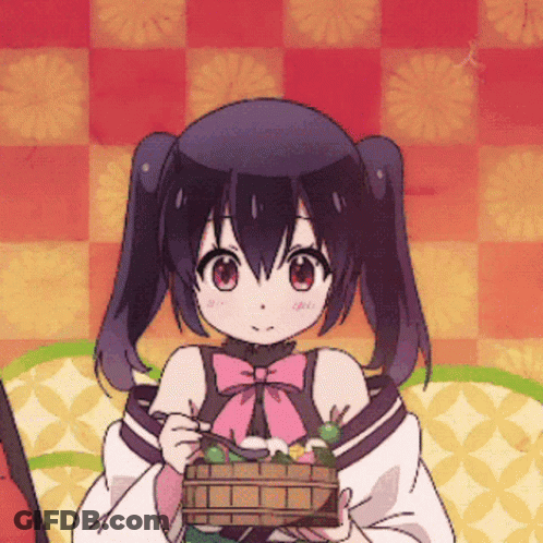 A Girl With Pigtails Is Holding A Basket Of Fruit And Vegetables GIF