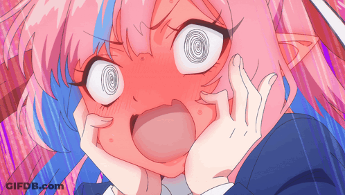 A Girl With Pink And Blue Hair Has A Spiral In Her Eye GIF