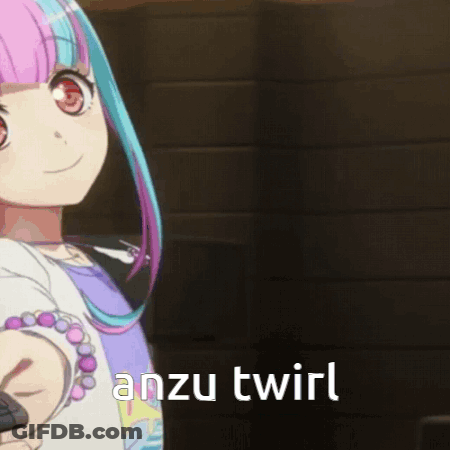 A Girl With Pink And Blue Hair Is Holding A Remote Control And Says " Anzu Twirl " GIF