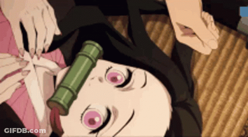 A Girl With Pink Eyes And A Bamboo Tube On Her Head Is Laying Down . GIF