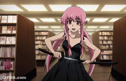 A Girl With Pink Hair And A Black Dress Is Holding A Sword In A Library GIF