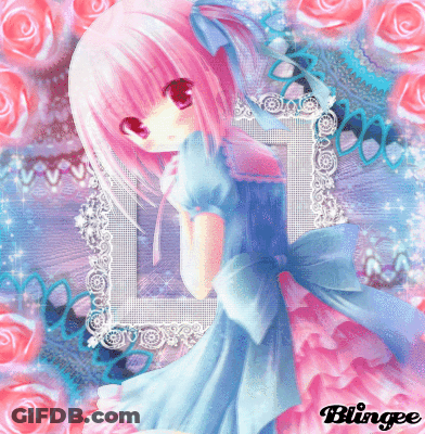 A Girl With Pink Hair And A Blue Dress Is Surrounded By Pink Roses And A Blingee Frame GIF