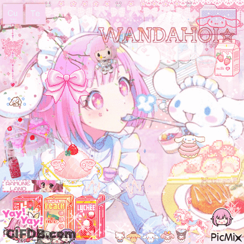 A Girl With Pink Hair And A Bow On Her Head Is Surrounded By Candy And A Box Of Lychee Drink GIF