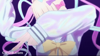A Girl With Pink Hair And A Bow Tie Is Dancing In A Purple Background . GIF