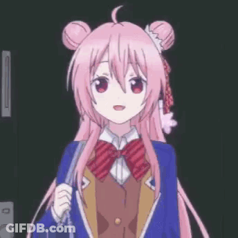 A Girl With Pink Hair And A Bow Tie Is Standing In A Dark Room . GIF