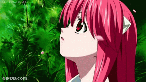 A Girl With Pink Hair And A Cat Ear Is Looking Up At Something . GIF
