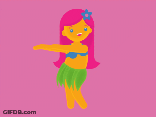 A Girl With Pink Hair And A Flower In Her Hair Is Wearing A Hula Skirt GIF