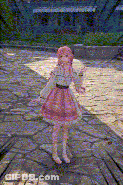 A Girl With Pink Hair And A Pink Dress Is Standing On A Stone Sidewalk . GIF