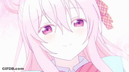 A Girl With Pink Hair And A Plaid Bow On Her Head GIF