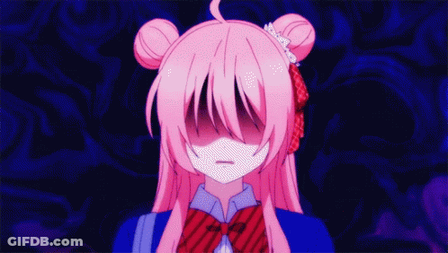 A Girl With Pink Hair And A Red Bow Tie Has Her Eyes Closed GIF