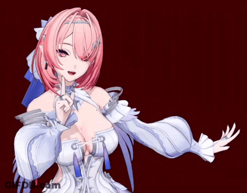 A Girl With Pink Hair And A White Dress Holds Her Finger To Her Mouth GIF
