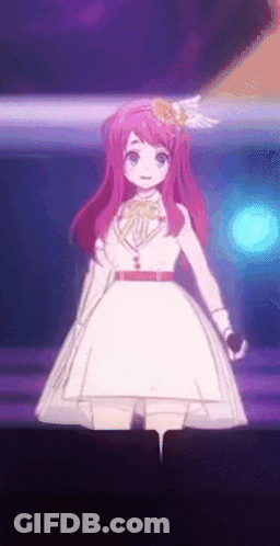 A Girl With Pink Hair And A White Dress Is Standing On A Stage GIF