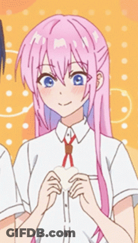 A Girl With Pink Hair And A White Shirt Has A Heart In Her Mouth GIF