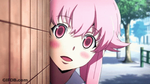A Girl With Pink Hair And Big Eyes Is Peeking Out From Behind A Wall GIF