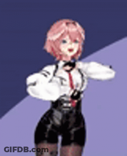 A Girl With Pink Hair And Black Shorts Is Standing In Front Of A Purple Background . GIF