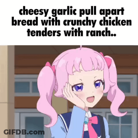 A Girl With Pink Hair And Blue Eyes Is Standing In Front Of A Sign That Says Cheesy Garlic Pull Apart Bread GIF
