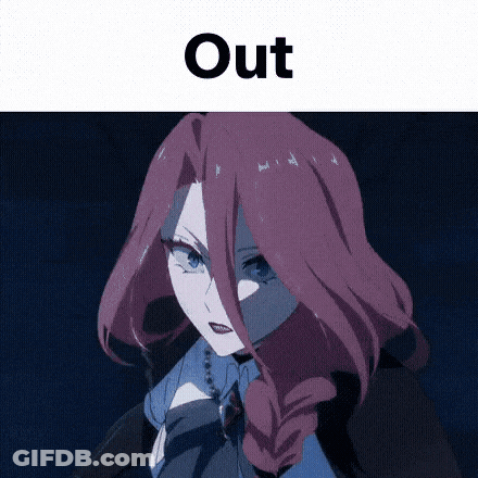 A Girl With Pink Hair And Blue Eyes Is Standing In The Dark With The Words Out Above Her . GIF