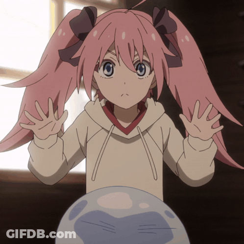A Girl With Pink Hair And Blue Eyes Is Standing Next To A Blue Sphere GIF