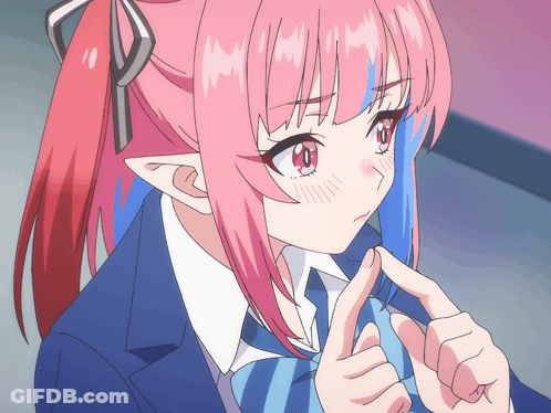A Girl With Pink Hair And Blue Eyes Is Wearing A Blue And White Striped Tie GIF