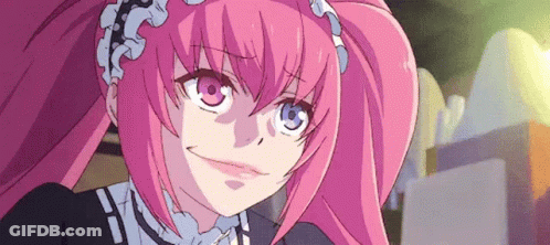A Girl With Pink Hair And Blue Eyes Is Wearing A Maid Outfit And Making A Funny Face . GIF
