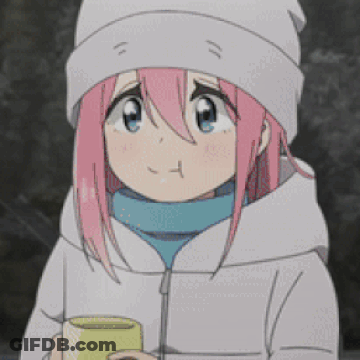A Girl With Pink Hair And Blue Eyes Is Wearing A White Hat And Holding A Cup . GIF