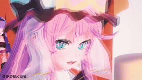 A Girl With Pink Hair And Blue Eyes Looks At Something GIF