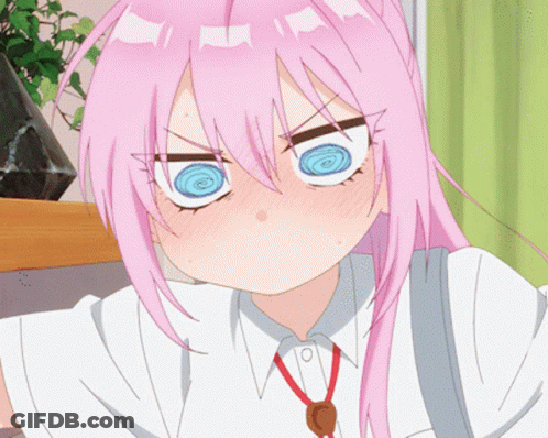 A Girl With Pink Hair And Blue Eyes Making A Face GIF