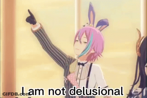 A Girl With Pink Hair And Bunny Ears Is Pointing Up And Saying `` I Am Not Delusional '' . GIF