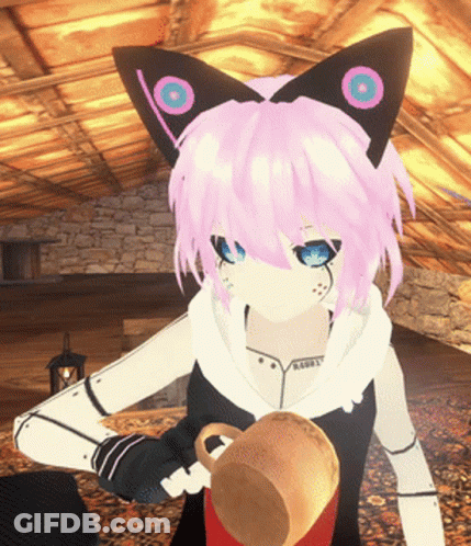 A Girl With Pink Hair And Cat Ears Holding A Cup GIF