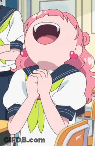 A Girl With Pink Hair And Earrings Is Laughing With Her Mouth Open GIF