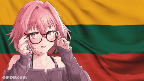 A Girl With Pink Hair And Glasses Is Standing In Front Of A Lithuanian Flag GIF