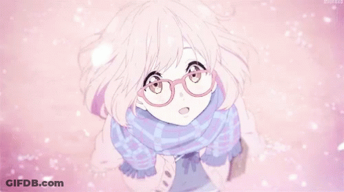 A Girl With Pink Hair And Glasses Is Wearing A Scarf And Looking Up . GIF