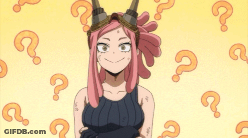 A Girl With Pink Hair And Goggles Is Surrounded By Question Marks On A Yellow Background . GIF