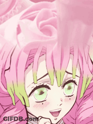 A Girl With Pink Hair And Green Eyes Has A Flower In Her Hair GIF