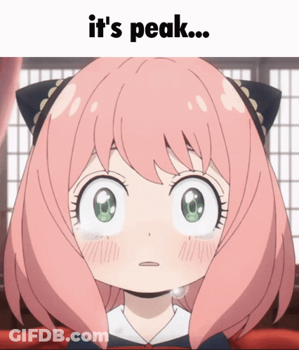 A Girl With Pink Hair And Green Eyes Is Crying With The Words It 'S Peak Behind Her GIF