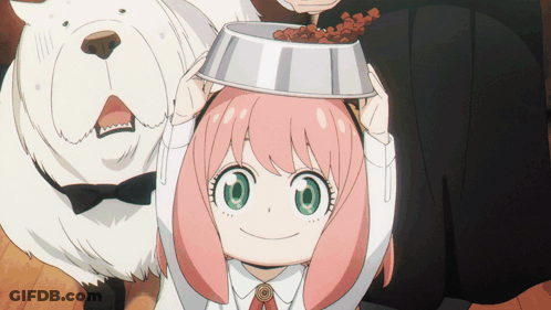 A Girl With Pink Hair And Green Eyes Is Holding A Bowl Of Food On Her Head GIF