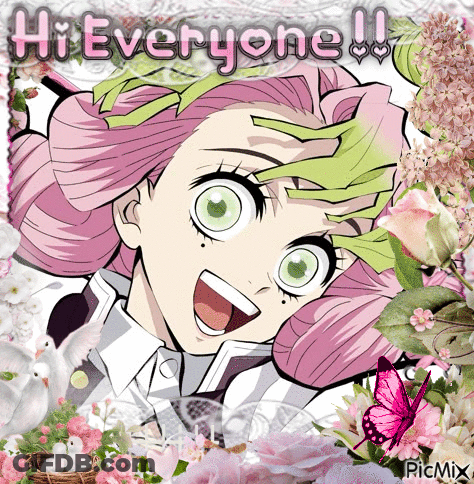 A Girl With Pink Hair And Green Eyes Is Surrounded By Flowers And The Words Hi Everyone GIF