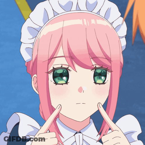 A Girl With Pink Hair And Green Eyes Is Wearing A White Maid Outfit GIF