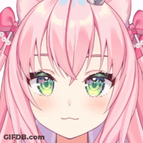 A Girl With Pink Hair And Green Eyes Looks At The Camera GIF