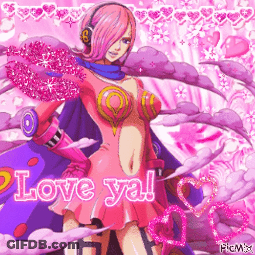 A Girl With Pink Hair And Headphones Is Wearing A Pink Dress And A Purple Cape . GIF