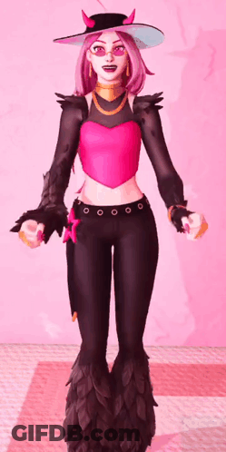 A Girl With Pink Hair And Horns Is Wearing A Witch Costume GIF