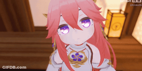 A Girl With Pink Hair And Purple Eyes Is Looking Up GIF